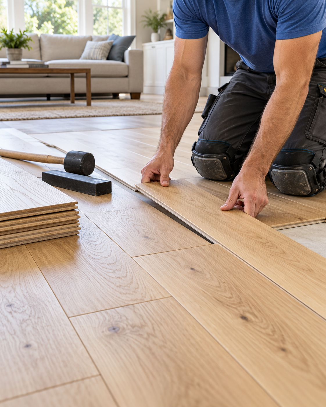 Illustrative flooring installer fitting oak planks during home restoration